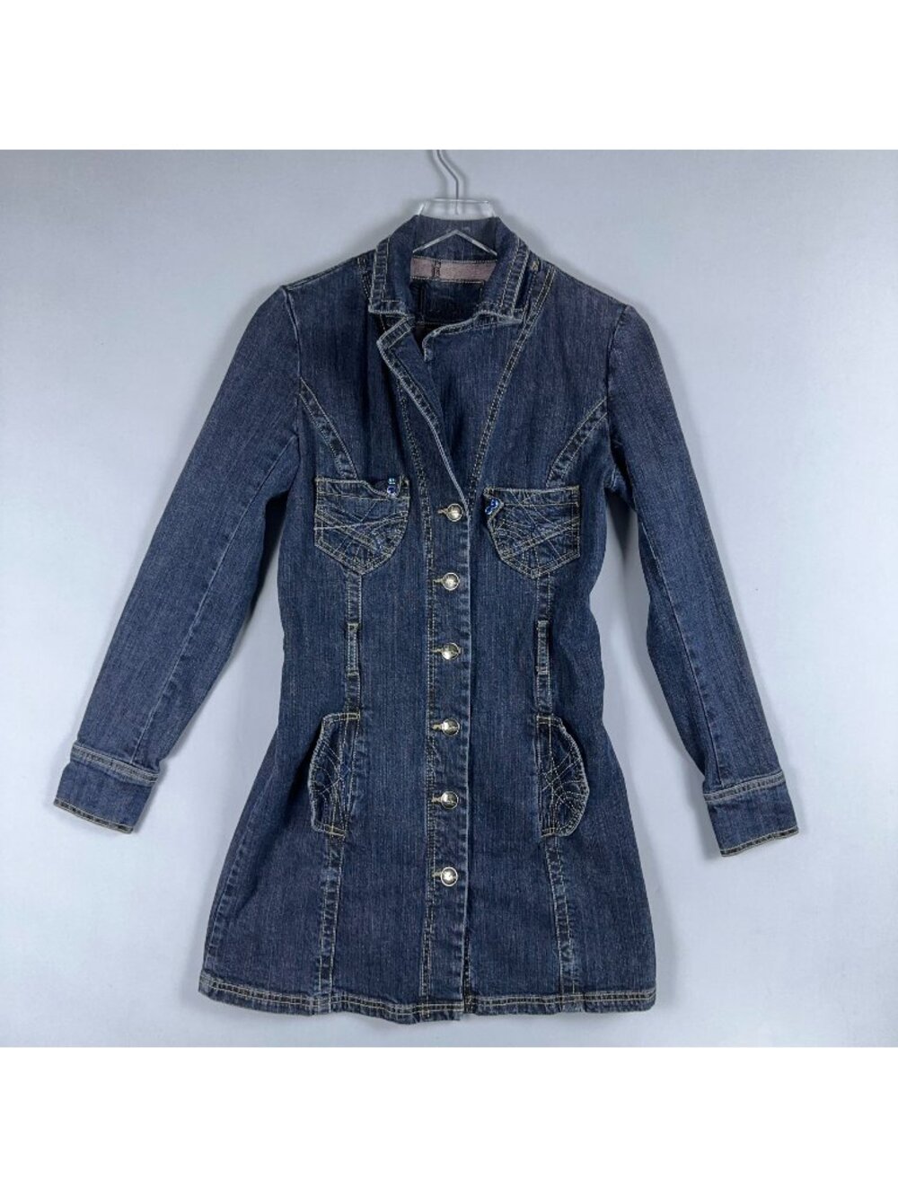 Jou Jou Premium Denim Dress Size Small Button Down Long Sleeve Notch Lapel